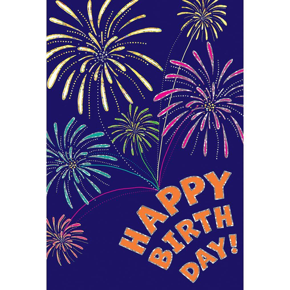 Pictura birthday fireworks greeting card with colorful firework illustrations and festive design for celebrating birthdays.